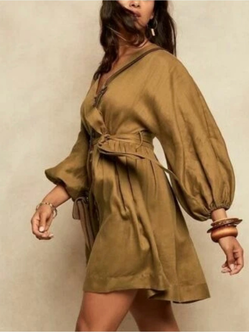 Banana Republic Linen Balloon Sleeve Mini Dress Size 6 Dry Mustard NWT